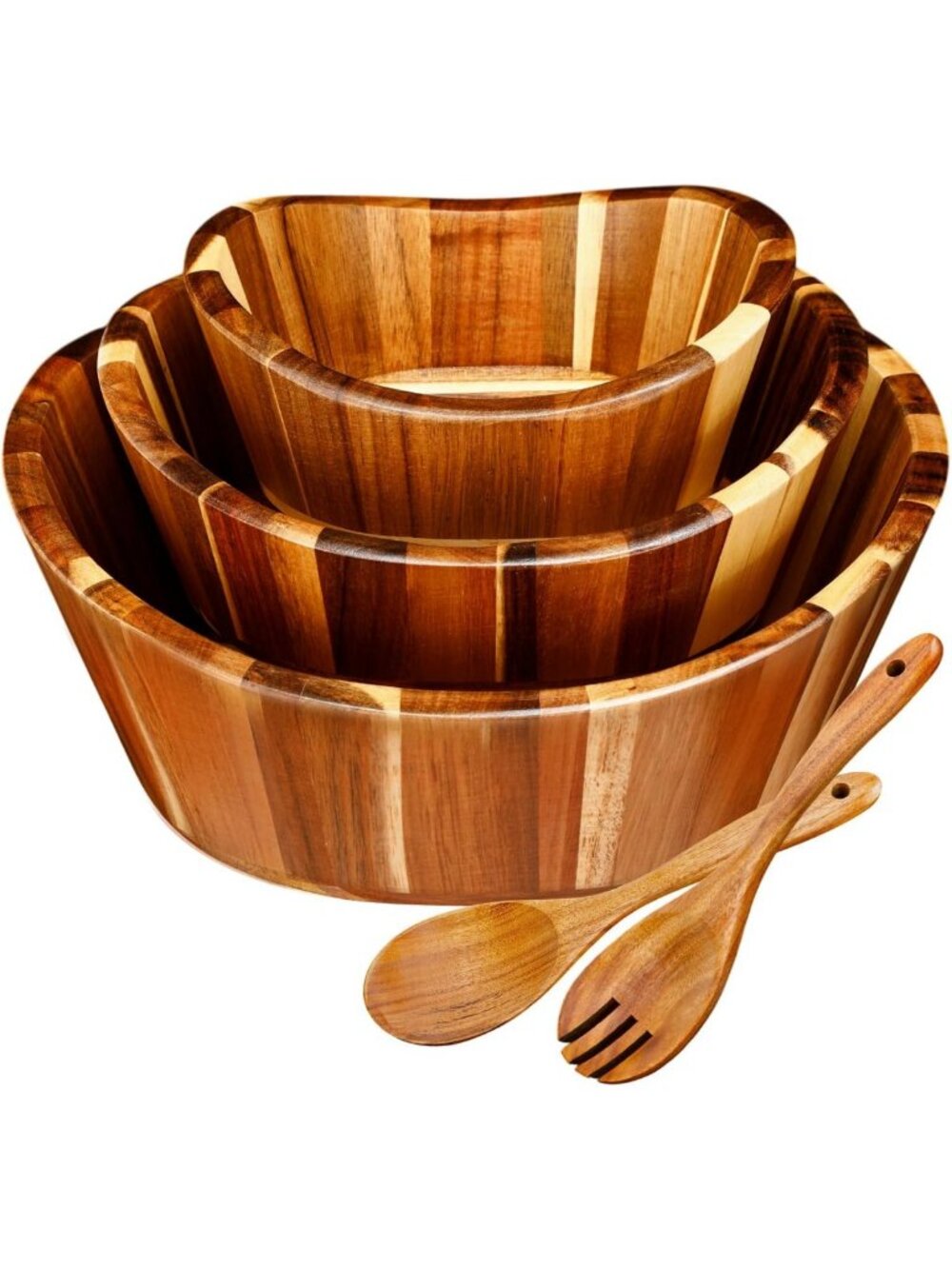 Set of 5 Acacia Wood Salad Bowls with Utensils - Wavy Design, Eco-Friendly